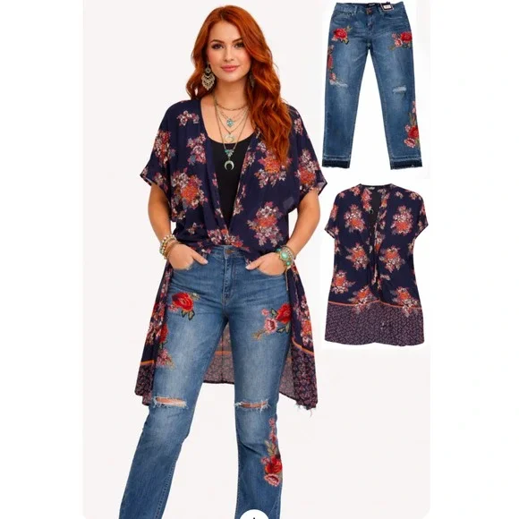 Nanette Lepore Embroidered Jeans & Angie Floral Kimono Set NWT Size 8 Large - Picture 1 of 7